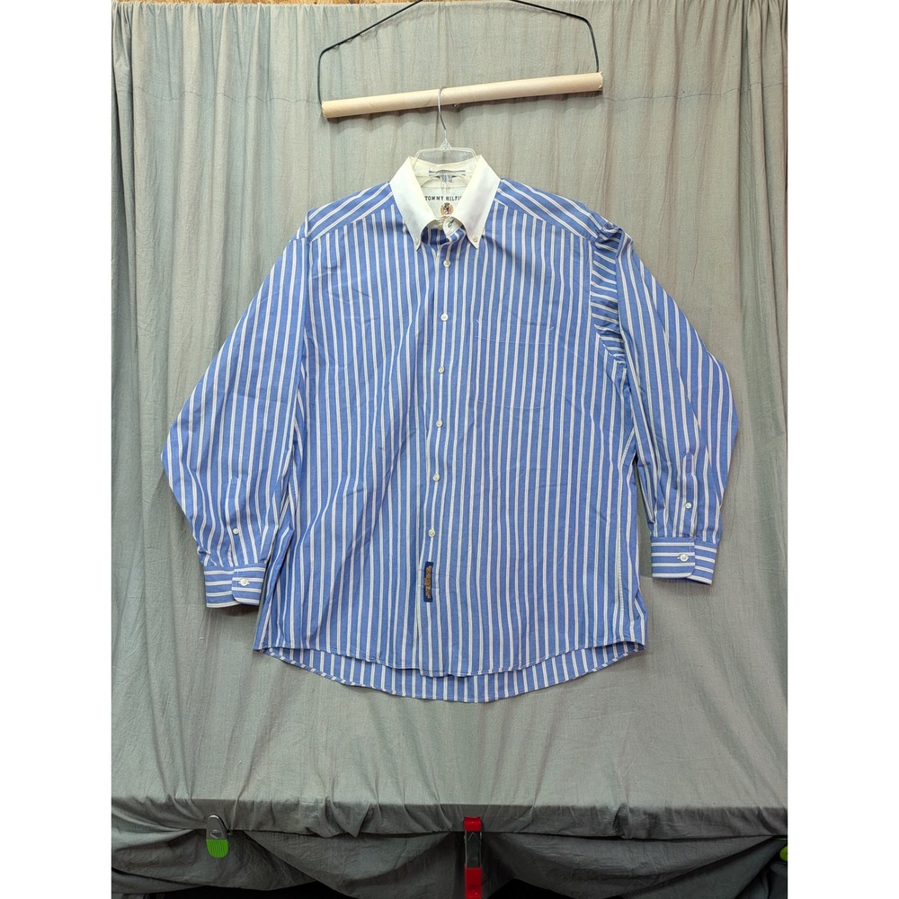 Tommy Hilfiger Mens Blue White Striped Button Down Shirt Contrast Collar 16.5 35